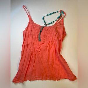 Coral cami shirt, embroidered details.